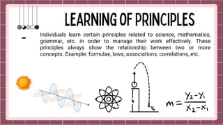 Individuals learn certain principles related to science, mathematics,
grammar, etc. in order to manage their work effectively. These
principles always show the relationship between two or more
concepts. Example: formulae, laws, associations, correlations, etc.
 