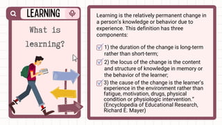 Learning is the relatively permanent change in
a person’s knowledge or behavior due to
experience. This definition has three
components:
What is
learning? 1) the duration of the change is long-term
rather than short-term;
3) the cause of the change is the learner’s
experience in the environment rather than
fatigue, motivation, drugs, physical
condition or physiologic intervention.”
(Encyclopedia of Educational Research,
Richard E. Mayer)
2) the locus of the change is the content
and structure of knowledge in memory or
the behavior of the learner;
 