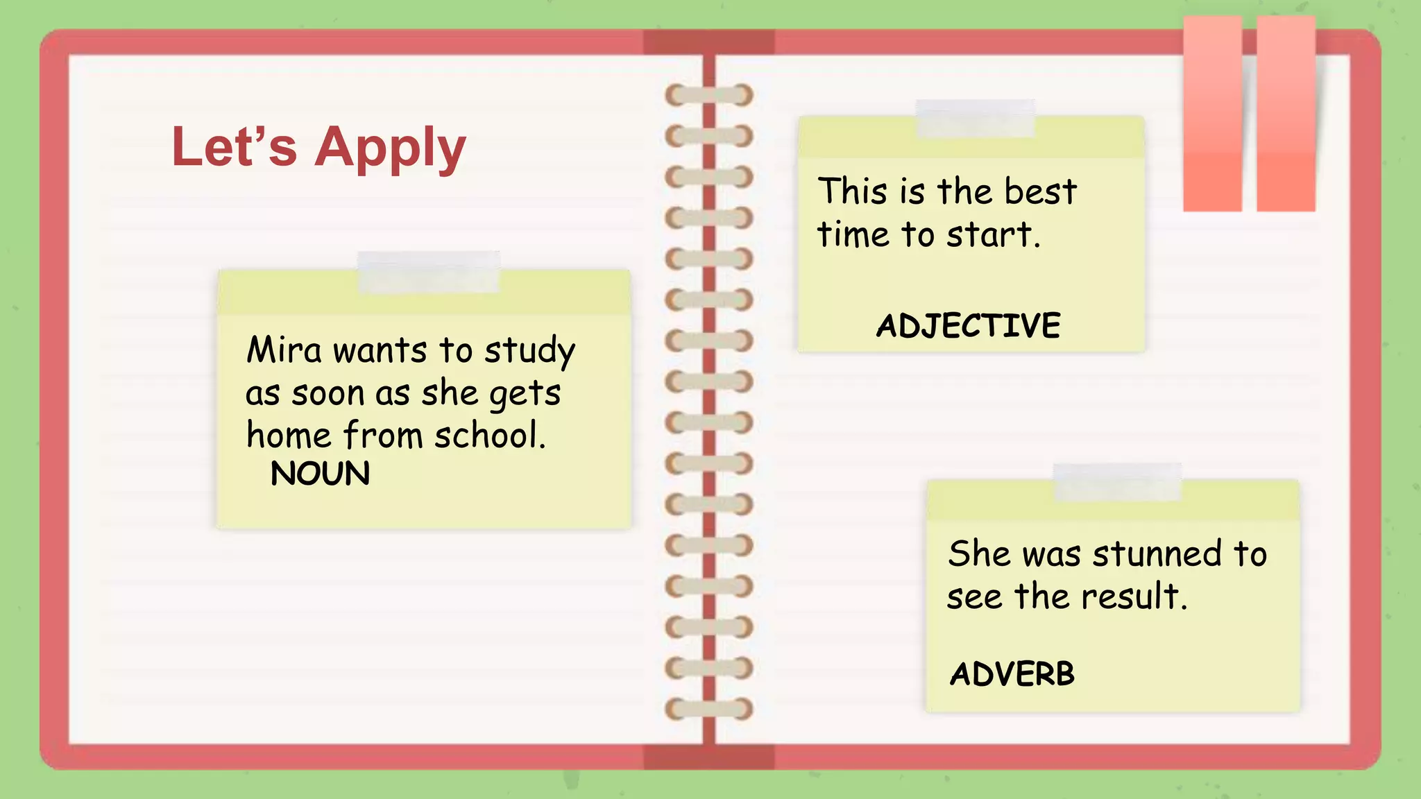 Let’s Apply
Mira wants to study
as soon as she gets
home from school.
NOUN
She was stunned to
see the result.
ADVERB
This is the best
time to start.
ADJECTIVE
 