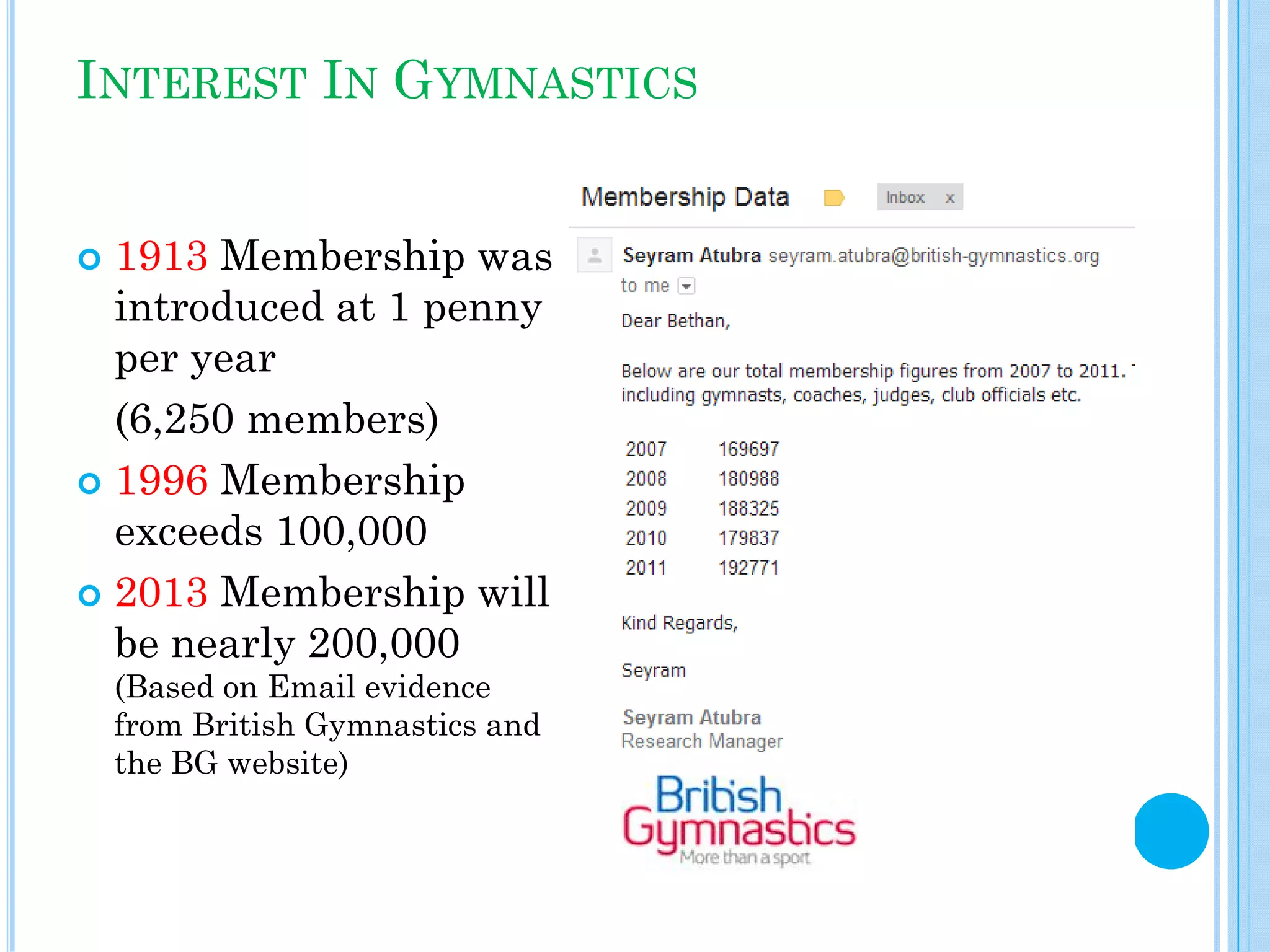 INTEREST IN GYMNASTICS
1913 Membership was
introduced at 1 penny
per year
(6,250 members)
1996 Membership
exceeds 100,000
2013 Membership will
be nearly 200,000
(Based on Email evidence
from British Gymnastics and
the BG website)

 