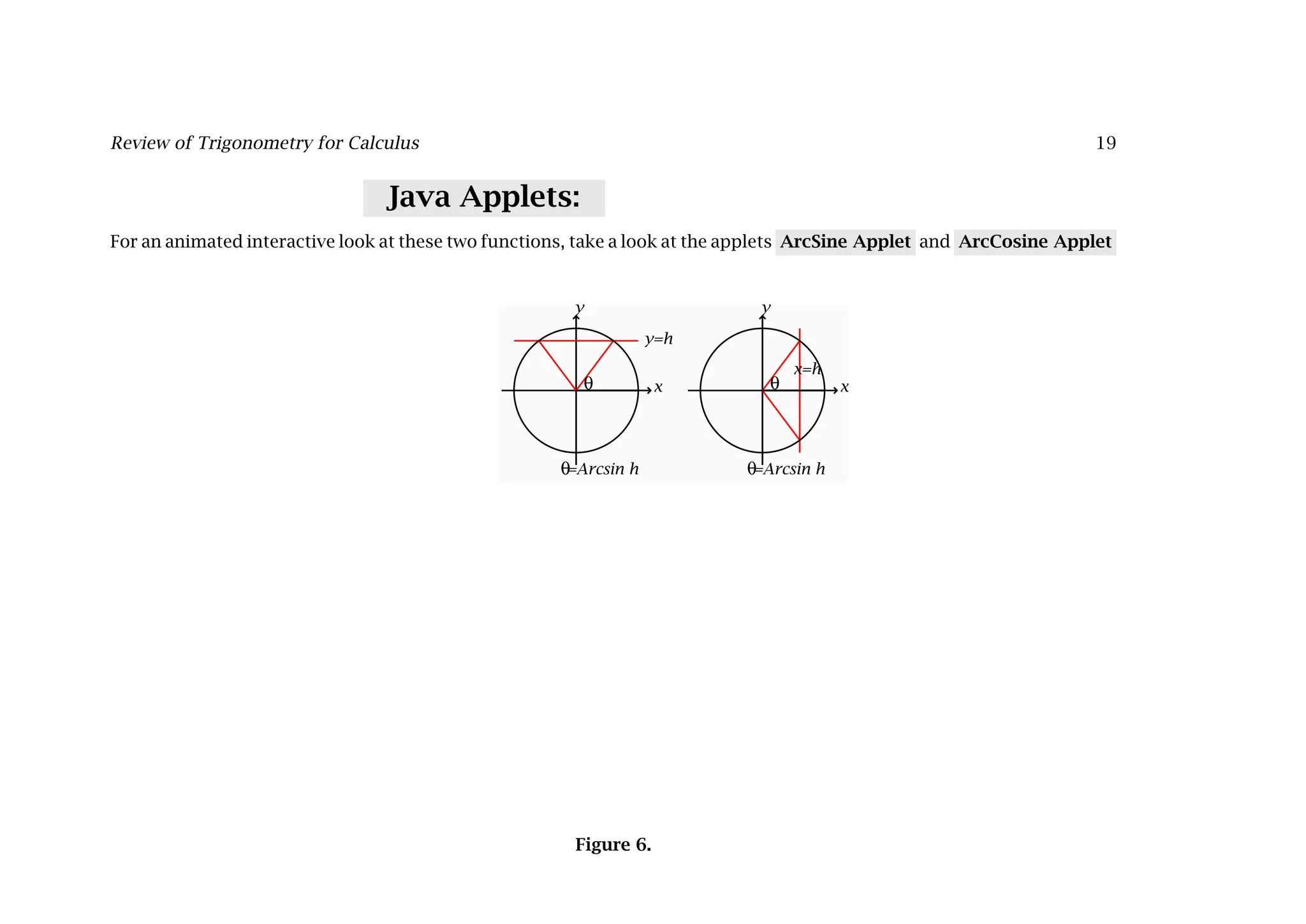 Review of Trigonometry for Calculus 19
Java Applets:
For an animated interactive look at these two functions, take a look at the applets ArcSine Applet and ArcCosine Applet
x
y
=Arcsin h
y=h
θ
θ
x
y
=Arcsin h
x=h
θ
θ
Figure 6.
 