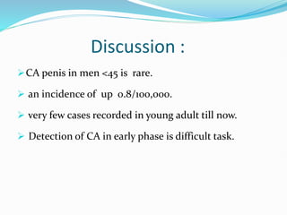 Discussion :
CA penis in men <45 is rare.
 an incidence of up 0.8/100,000.
 very few cases recorded in young adult till now.
 Detection of CA in early phase is difficult task.
 