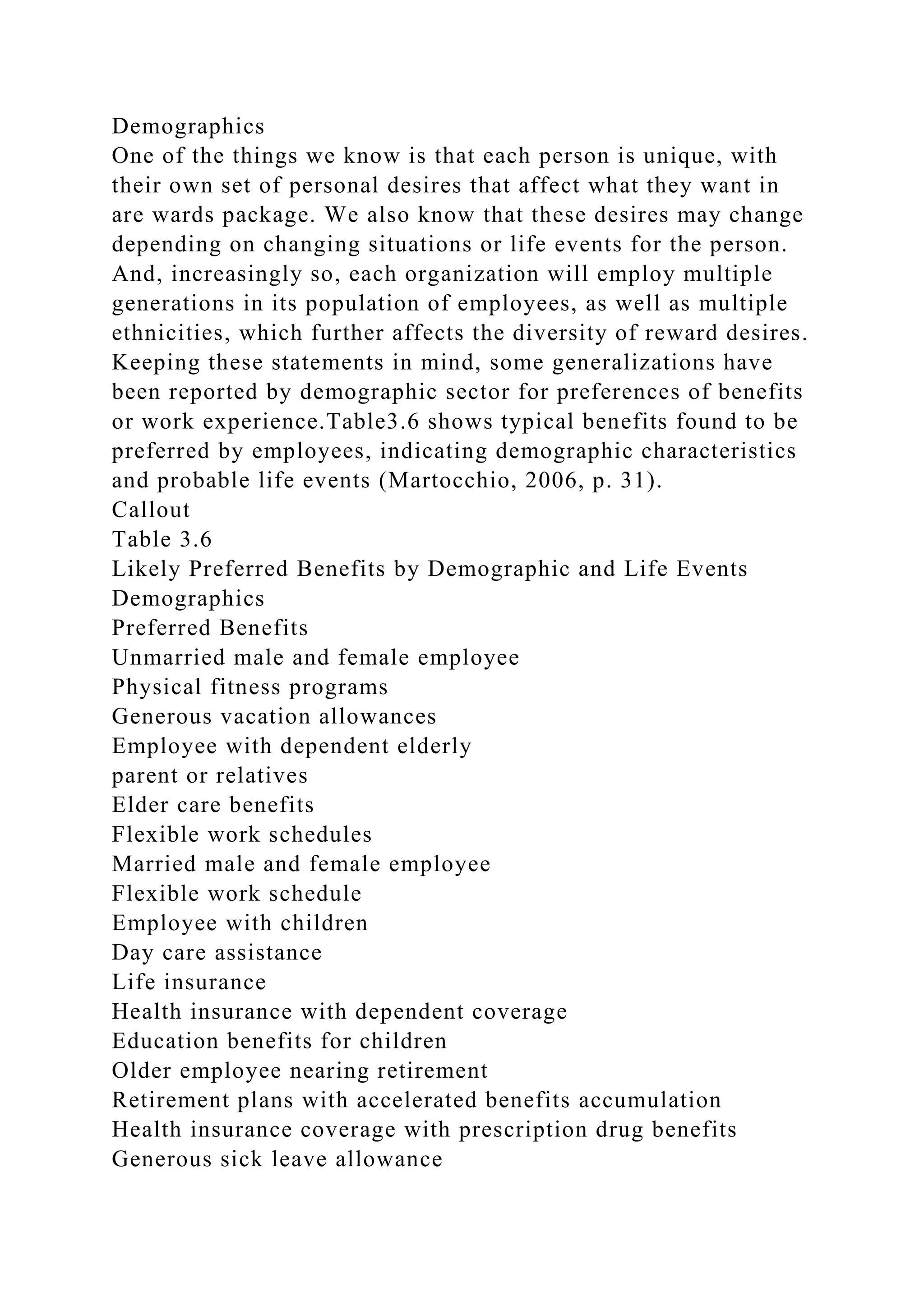 Demographics
One of the things we know is that each person is unique, with
their own set of personal desires that affect what they want in
are wards package. We also know that these desires may change
depending on changing situations or life events for the person.
And, increasingly so, each organization will employ multiple
generations in its population of employees, as well as multiple
ethnicities, which further affects the diversity of reward desires.
Keeping these statements in mind, some generalizations have
been reported by demographic sector for preferences of benefits
or work experience.Table3.6 shows typical benefits found to be
preferred by employees, indicating demographic characteristics
and probable life events (Martocchio, 2006, p. 31).
Callout
Table 3.6
Likely Preferred Benefits by Demographic and Life Events
Demographics
Preferred Benefits
Unmarried male and female employee
Physical fitness programs
Generous vacation allowances
Employee with dependent elderly
parent or relatives
Elder care benefits
Flexible work schedules
Married male and female employee
Flexible work schedule
Employee with children
Day care assistance
Life insurance
Health insurance with dependent coverage
Education benefits for children
Older employee nearing retirement
Retirement plans with accelerated benefits accumulation
Health insurance coverage with prescription drug benefits
Generous sick leave allowance
 