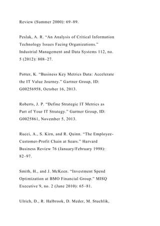Review (Summer 2000): 69–89.
Peslak, A. R. “An Analysis of Critical Information
Technology Issues Facing Organizations.”
Industrial Management and Data Systems 112, no.
5 (2012): 808–27.
Potter, K. “Business Key Metrics Data: Accelerate
the IT Value Journey.” Gartner Group, ID:
G00256958, October 16, 2013.
Roberts, J. P. “Define Strategic IT Metrics as
Part of Your IT Strategy.” Gartner Group, ID:
G0025861, November 5, 2013.
Rucci, A., S. Kirn, and R. Quinn. “The Employee-
Customer-Profit Chain at Sears.” Harvard
Business Review 76 (January/February 1998):
82–97.
Smith, H., and J. McKeen. “Investment Spend
Optimization at BMO Financial Group.” MISQ
Executive 9, no. 2 (June 2010): 65–81.
Ulrich, D., R. Halbrook, D. Meder, M. Stuchlik,
 