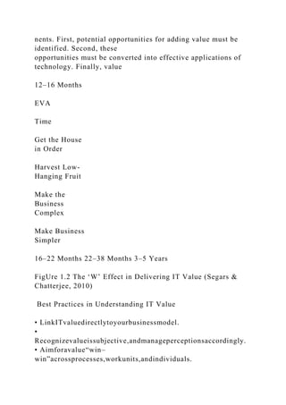 nents. First, potential opportunities for adding value must be
identified. Second, these
opportunities must be converted into effective applications of
technology. Finally, value
12–16 Months
EVA
Time
Get the House
in Order
Harvest Low-
Hanging Fruit
Make the
Business
Complex
Make Business
Simpler
16–22 Months 22–38 Months 3–5 Years
FigUre 1.2 The ‘W’ Effect in Delivering IT Value (Segars &
Chatterjee, 2010)
Best Practices in Understanding IT Value
• LinkITvaluedirectlytoyourbusinessmodel.
•
Recognizevalueissubjective,andmanageperceptionsaccordingly.
• Aimforavalue“win–
win”acrossprocesses,workunits,andindividuals.
 
