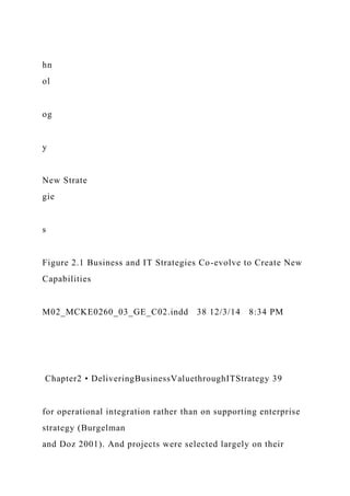 hn
ol
og
y
New Strate
gie
s
Figure 2.1 Business and IT Strategies Co-evolve to Create New
Capabilities
M02_MCKE0260_03_GE_C02.indd 38 12/3/14 8:34 PM
Chapter2 • DeliveringBusinessValuethroughITStrategy 39
for operational integration rather than on supporting enterprise
strategy (Burgelman
and Doz 2001). And projects were selected largely on their
 