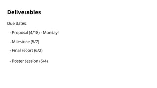 Deliverables
Due dates:
- Proposal (4/18) - Monday!
- Milestone (5/7)
- Final report (6/2)
- Poster session (6/4)
 