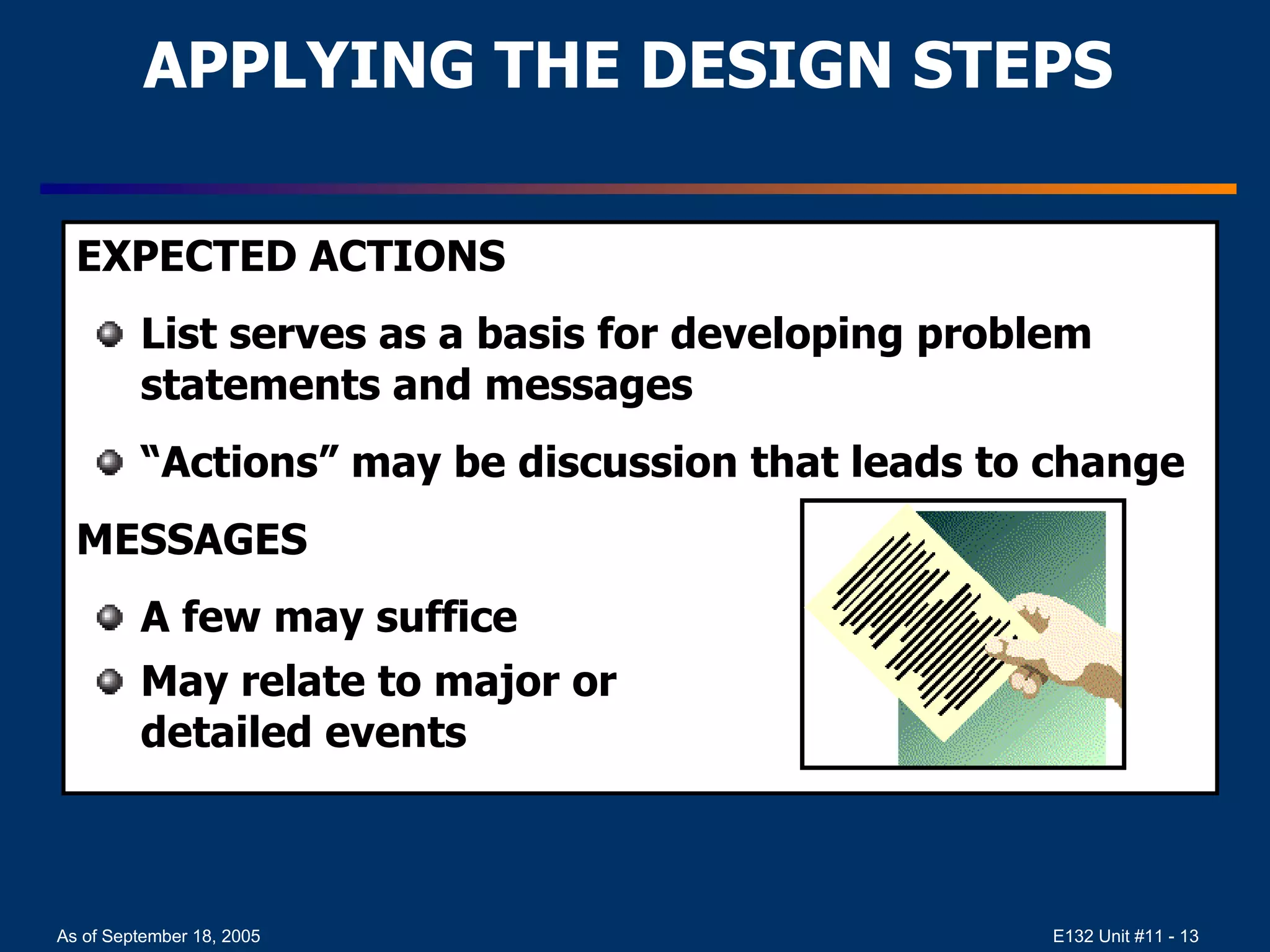 APPLYING THE DESIGN STEPS EXPECTED ACTIONS List serves as a basis for developing problem statements and messages “Actions” may be discussion that leads to change MESSAGES A few may suffice May relate to major or  detailed events 