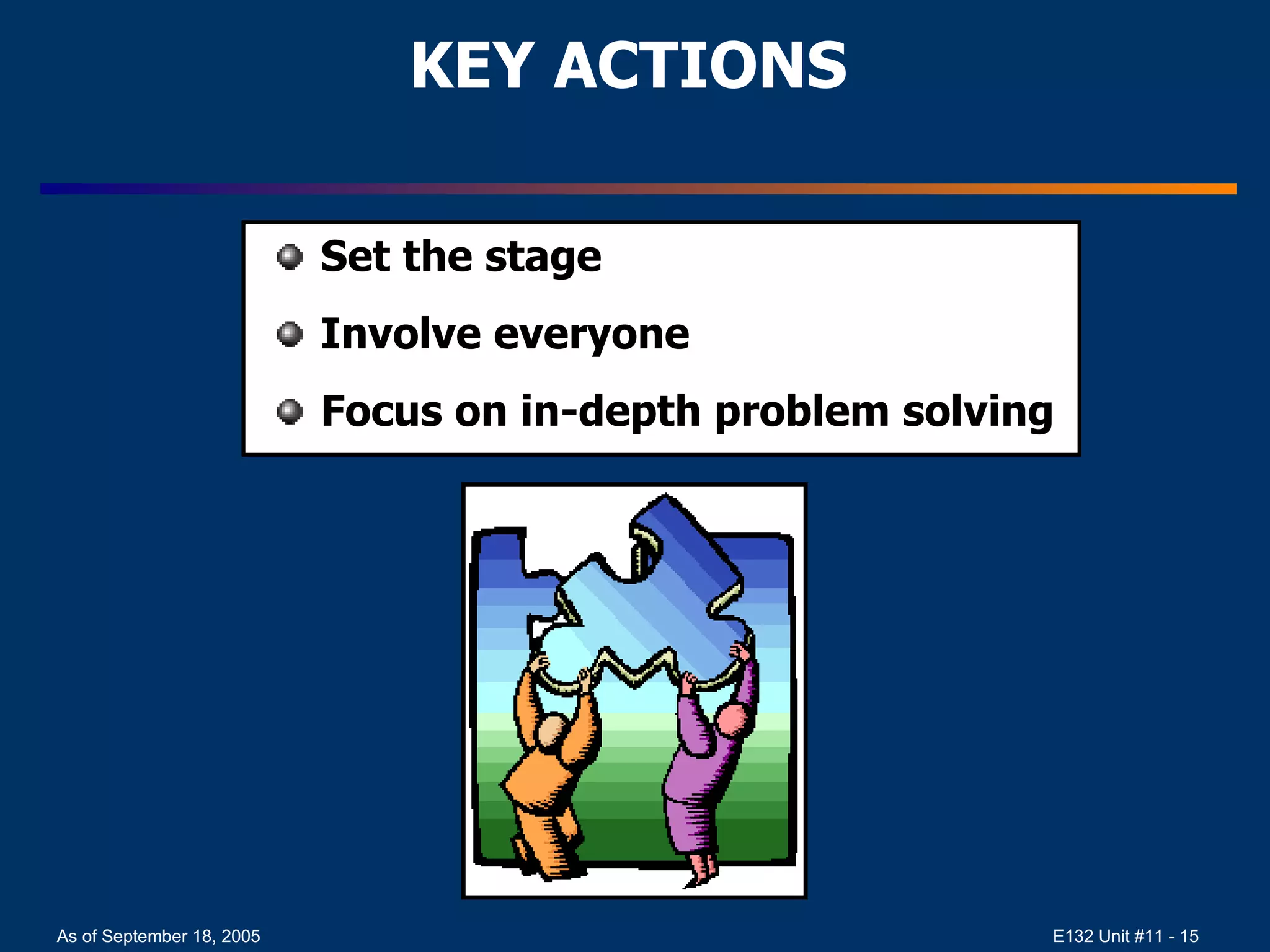KEY ACTIONS Set the stage Involve everyone Focus on in-depth problem solving 