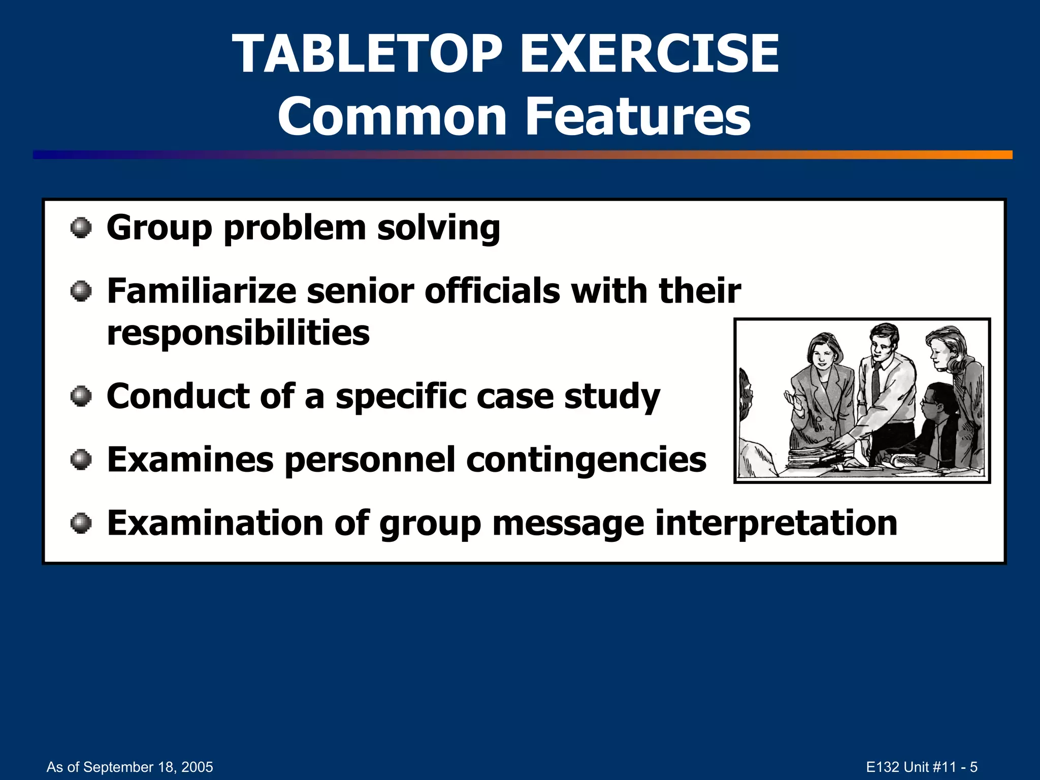 TABLETOP EXERCISE  Common Features Group problem solving Familiarize senior officials with their responsibilities Conduct of a specific case study Examines personnel contingencies Examination of group message interpretation 