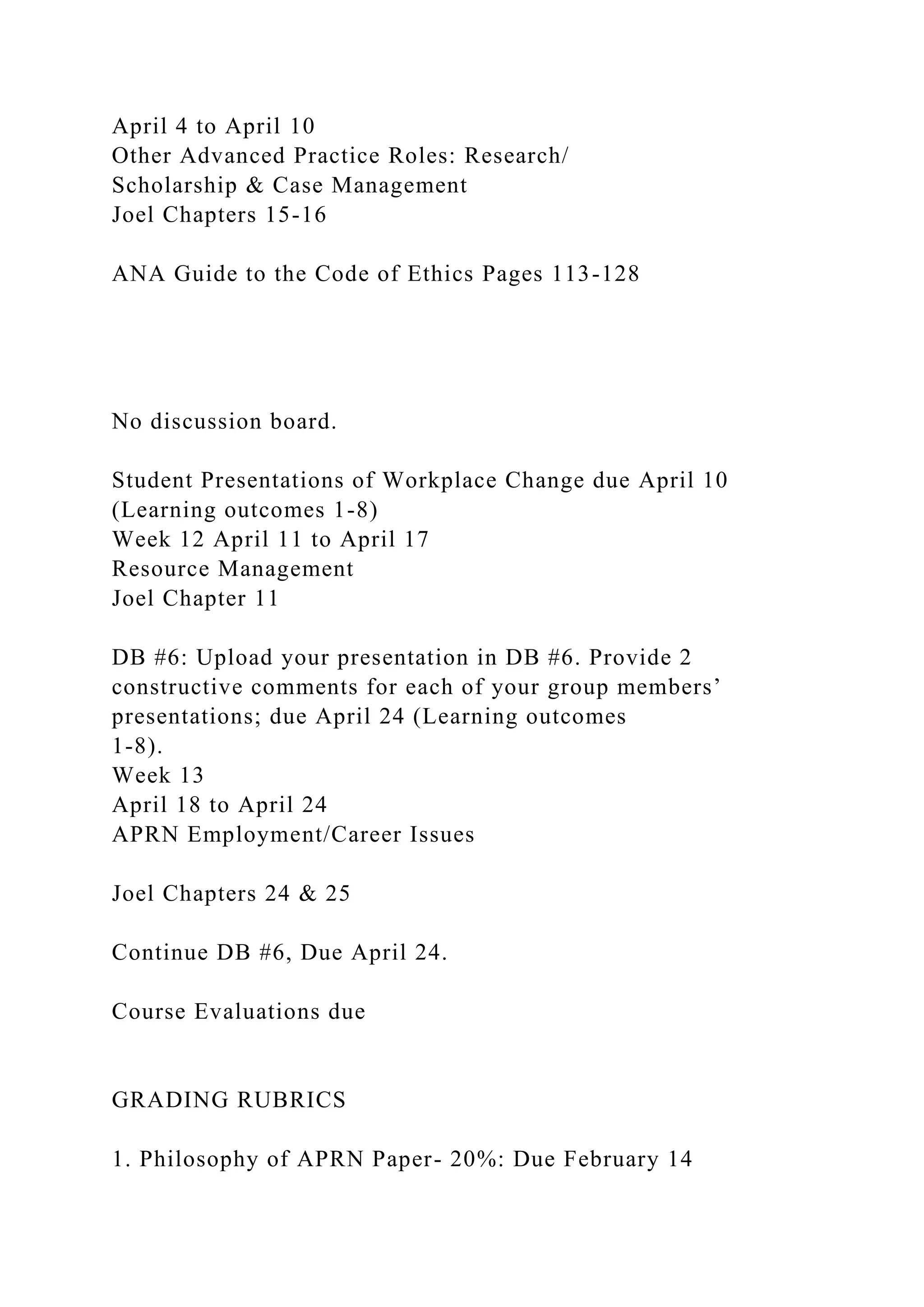 April 4 to April 10
Other Advanced Practice Roles: Research/
Scholarship & Case Management
Joel Chapters 15-16
ANA Guide to the Code of Ethics Pages 113-128
No discussion board.
Student Presentations of Workplace Change due April 10
(Learning outcomes 1-8)
Week 12 April 11 to April 17
Resource Management
Joel Chapter 11
DB #6: Upload your presentation in DB #6. Provide 2
constructive comments for each of your group members’
presentations; due April 24 (Learning outcomes
1-8).
Week 13
April 18 to April 24
APRN Employment/Career Issues
Joel Chapters 24 & 25
Continue DB #6, Due April 24.
Course Evaluations due
GRADING RUBRICS
1. Philosophy of APRN Paper- 20%: Due February 14
 