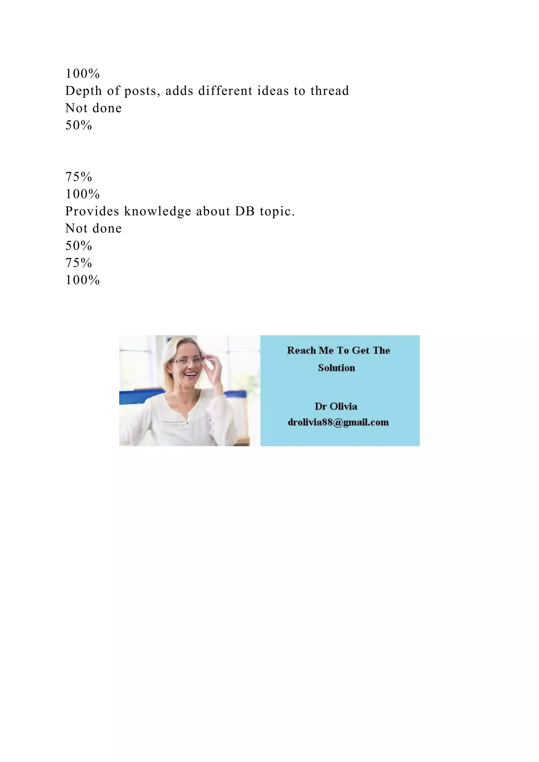 100%
Depth of posts, adds different ideas to thread
Not done
50%
75%
100%
Provides knowledge about DB topic.
Not done
50%
75%
100%
 