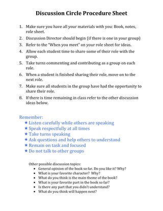 Discussion Circle Procedure Sheet

1. Make sure you have all your materials with you: Book, notes,
   role sheet.
2. Discussion Director should begin (if there is one in your group)
3. Refer to the “When you meet” on your role sheet for ideas.
4. Allow each student time to share some of their role with the
   group.
5. Take turns commenting and contributing as a group on each
   role.
6. When a student is finished sharing their role, move on to the
   next role.
7. Make sure all students in the group have had the opportunity to
   share their role.
8. If there is time remaining in class refer to the other discussion
   ideas below.


Remember:
   Listen carefully while others are speaking
   Speak respectfully at all times
   Take turns speaking
   Ask questions and help others to understand
   Remain on task and focused
   Do not talk to other groups

     Other possible discussion topics:
           General opinion of the book so far. Do you like it? Why?
           What is your favorite character? Why?
           What do you think is the main theme of the book?
           What is your favorite part in the book so far?
           Is there any part that you didn’t understand?
           What do you think will happen next?
 