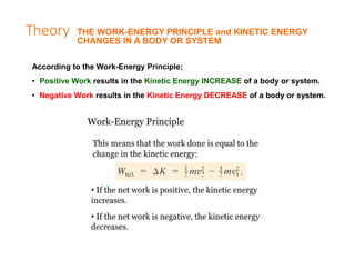 Theory
According to the Work-Energy Principle;
● Positive Work results in the Kinetic Energy INCREASE of a body or system....
