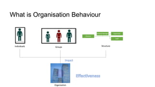 What is Organisation Behaviour
Director
Supervisor
Staff
General Manager
Individuals Groups Structure
Organization