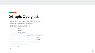 DGraph: Query list
users(func: eq(_type, "users"), first: 10,
offset:0, orderdesc: created_at)
@filter(has(with_role)) {
uid
email
first_name
company : work_for {
uid
code
name
}
}
}
39
 