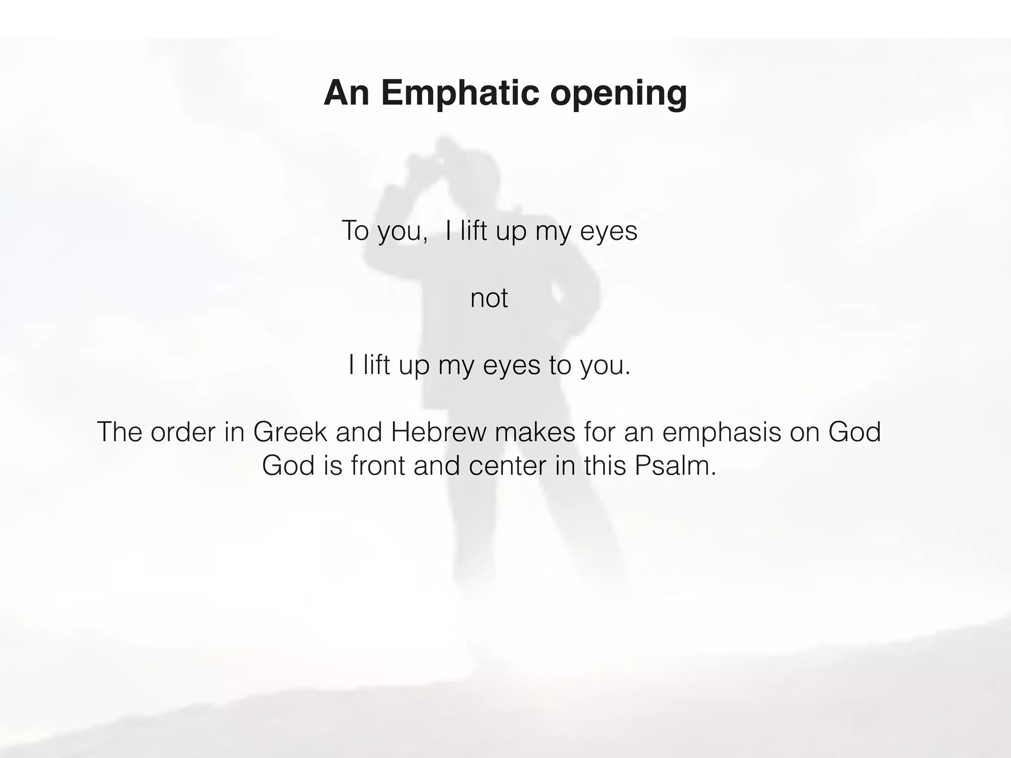 It is a short 4 verse Psalm
a quote from Martin
Our short psalm, Psalm 123
a short psalm in a long journey
This psalm (as ye see) is but short, and therefore a very ﬁt example
to show the force of prayer not to consist in many words, but in
fervency of spirit. For great and weighty matters may be comprised
in a few words, if they proceed from the spirit and the unspeakable
groanings of the heart, especially when our necessity is such as will
not suffer any long prayer. Every prayer is long enough if it be
fervent and proceed from a heart that understandeth the necessity of
the saints.—Martin Luther.
 