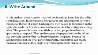 6. Write Around
In this method, the discussion is carried out in written form. It is also called
silent discussion. Teacher poses a key question and asks students to write a
response at the top of a page. Each paper is then passed to the person on the
right, who reads the first statement and responds to it by writing something
below. This process is repeated until three or four people have had an
opportunity to respond. Then students pass the papers back to the left so
that everyone can see what has been written on the pages. Because the
facilitator does not see what participants write, this method can enable
them to express views they might desire to keep from the facilitator
Dr. Daniyal Mushtaq
 