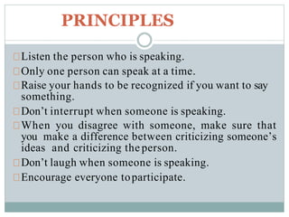PRINCIPLES
Listen the person who is speaking.
Only one person can speak at a time.
Raise your hands to be recognized if you want to say
something.
Don’t interrupt when someone is speaking.
When you disagree with someone, make sure that
you make a difference between criticizing someone’s
ideas and criticizing the person.
Don’t laugh when someone is speaking.
Encourage everyone toparticipate.
 