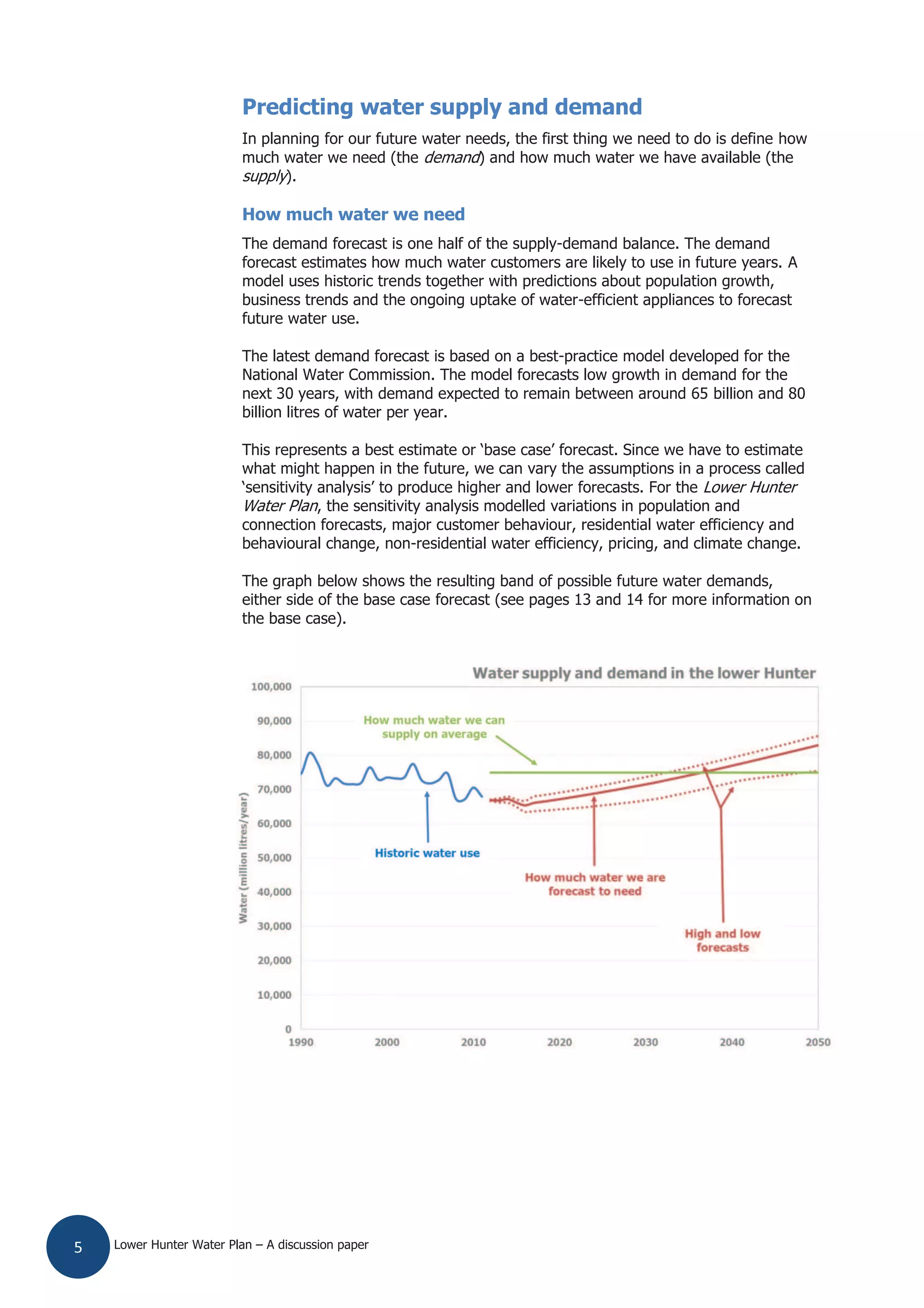 Lower Hunter Water Plan – A discussion paper5
Predicting water supply and demand
In planning for our future water needs, the first thing we need to do is define how
much water we need (the demand) and how much water we have available (the
supply).
How much water we need
The demand forecast is one half of the supply-demand balance. The demand
forecast estimates how much water customers are likely to use in future years. A
model uses historic trends together with predictions about population growth,
business trends and the ongoing uptake of water-efficient appliances to forecast
future water use.
The latest demand forecast is based on a best-practice model developed for the
National Water Commission. The model forecasts low growth in demand for the
next 30 years, with demand expected to remain between around 65 billion and 80
billion litres of water per year.
This represents a best estimate or ‘base case’ forecast. Since we have to estimate
what might happen in the future, we can vary the assumptions in a process called
‘sensitivity analysis’ to produce higher and lower forecasts. For the Lower Hunter
Water Plan, the sensitivity analysis modelled variations in population and
connection forecasts, major customer behaviour, residential water efficiency and
behavioural change, non-residential water efficiency, pricing, and climate change.
The graph below shows the resulting band of possible future water demands,
either side of the base case forecast (see pages 13 and 14 for more information on
the base case).
 
