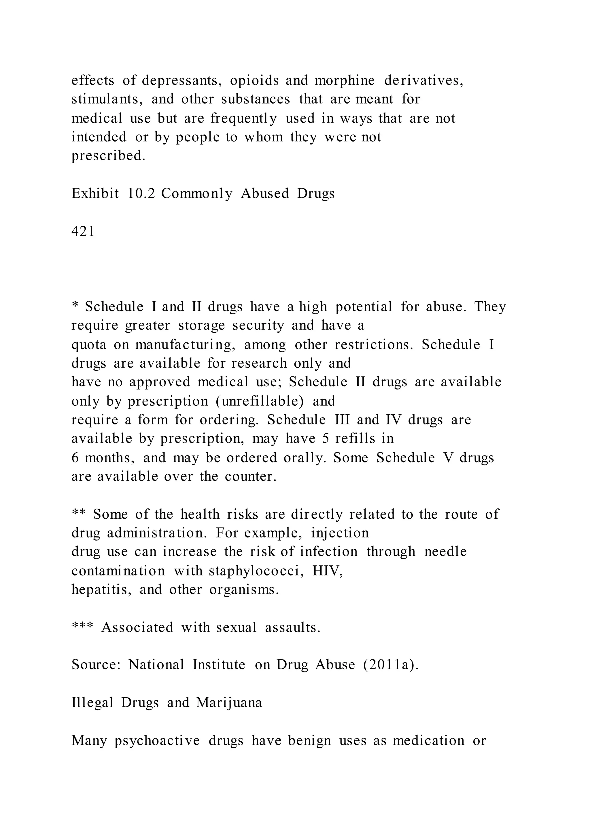 effects of depressants, opioids and morphine derivatives,
stimulants, and other substances that are meant for
medical use but are frequently used in ways that are not
intended or by people to whom they were not
prescribed.
Exhibit 10.2 Commonly Abused Drugs
421
* Schedule I and II drugs have a high potential for abuse. They
require greater storage security and have a
quota on manufacturing, among other restrictions. Schedule I
drugs are available for research only and
have no approved medical use; Schedule II drugs are available
only by prescription (unrefillable) and
require a form for ordering. Schedule III and IV drugs are
available by prescription, may have 5 refills in
6 months, and may be ordered orally. Some Schedule V drugs
are available over the counter.
** Some of the health risks are directly related to the route of
drug administration. For example, injection
drug use can increase the risk of infection through needle
contamination with staphylococci, HIV,
hepatitis, and other organisms.
*** Associated with sexual assaults.
Source: National Institute on Drug Abuse (2011a).
Illegal Drugs and Marijuana
Many psychoactive drugs have benign uses as medication or
 