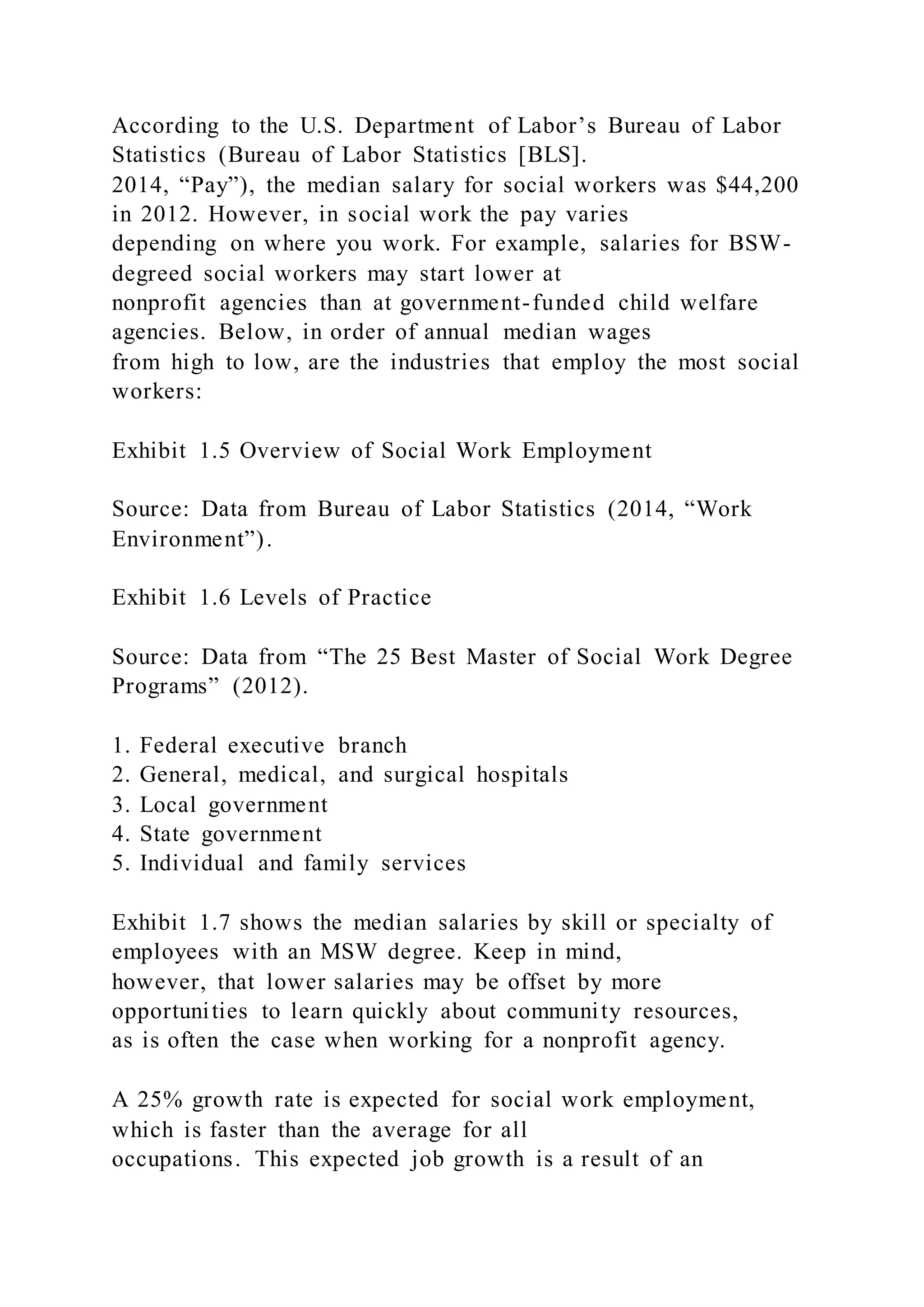 According to the U.S. Department of Labor’s Bureau of Labor
Statistics (Bureau of Labor Statistics [BLS].
2014, “Pay”), the median salary for social workers was $44,200
in 2012. However, in social work the pay varies
depending on where you work. For example, salaries for BSW-
degreed social workers may start lower at
nonprofit agencies than at government-funded child welfare
agencies. Below, in order of annual median wages
from high to low, are the industries that employ the most social
workers:
Exhibit 1.5 Overview of Social Work Employment
Source: Data from Bureau of Labor Statistics (2014, “Work
Environment”).
Exhibit 1.6 Levels of Practice
Source: Data from “The 25 Best Master of Social Work Degree
Programs” (2012).
1. Federal executive branch
2. General, medical, and surgical hospitals
3. Local government
4. State government
5. Individual and family services
Exhibit 1.7 shows the median salaries by skill or specialty of
employees with an MSW degree. Keep in mind,
however, that lower salaries may be offset by more
opportunities to learn quickly about community resources,
as is often the case when working for a nonprofit agency.
A 25% growth rate is expected for social work employment,
which is faster than the average for all
occupations. This expected job growth is a result of an
 