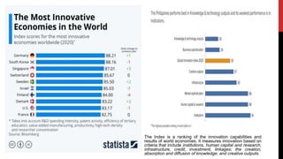 The Index is a ranking of the innovation capabilities and
results of world economies. It measures innovation based on
criteria that include institutions, human capital and research,
infrastructure, credit, investment, linkages; the creation,
absorption and diffusion of knowledge; and creative outputs.
 