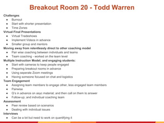 Breakout Room 20 - Todd Warren
Challenges:
● Burnout
● Start with shorter presentation
● Time Zones
Virtual Final Presentations
● Virtual Tradeshows
● Implement Videos in advance
● Smaller group and mentors
Moving away from relentlessly direct to other coaching model
● Pair wise coaching between individuals and teams
● Team coaching - worked on the team level
Multiple Instruction Model; and engaging students:
● Start with cameras to keep people engaged
● Preparing breakout rooms in advance
● Using seperate Zoom meetings
● Having someone focused on chat and logistics
Team Engagement
● Assigning team members to engage other, less engaged team members
● Pairwise
● Q’s in advance on asyc material; and then call on them to answer
● Follow-up; and individual coaching team
Assessment
● Peer review based on scenarios
● Dealing with individual issues
Interviews
● Can be a lot but need to work on quantifying it
 