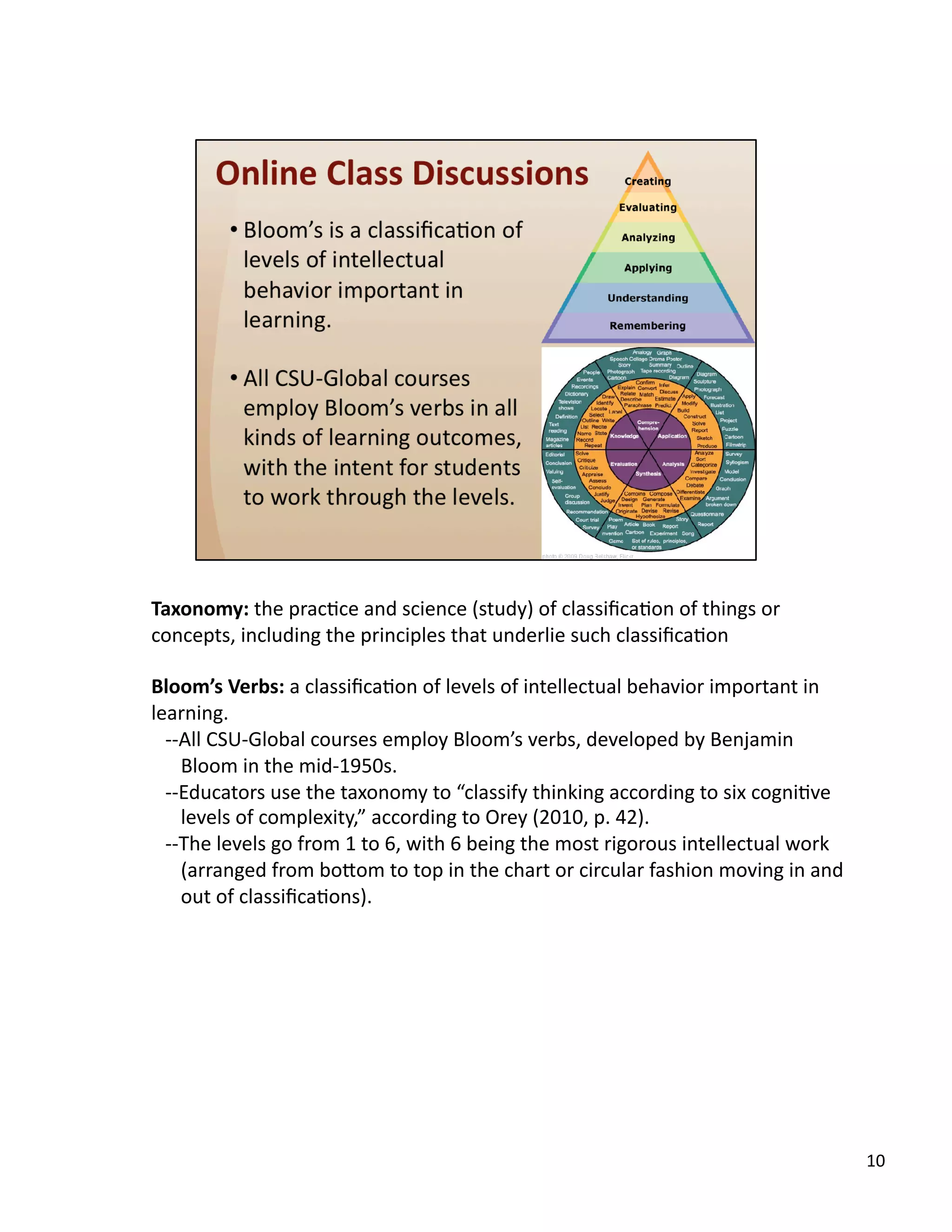10	
  
Taxonomy:	
  the	
  pracUce	
  and	
  science	
  (study)	
  of	
  classiﬁcaUon	
  of	
  things	
  or	
  
concepts,	
  including	
  the	
  principles	
  that	
  underlie	
  such	
  classiﬁcaUon	
  
Bloom’s	
  Verbs:	
  a	
  classiﬁcaUon	
  of	
  levels	
  of	
  intellectual	
  behavior	
  important	
  in	
  
learning.	
  
-­‐-­‐All	
  CSU-­‐Global	
  courses	
  employ	
  Bloom’s	
  verbs,	
  developed	
  by	
  Benjamin	
  
Bloom	
  in	
  the	
  mid-­‐1950s.	
  	
  
-­‐-­‐Educators	
  use	
  the	
  taxonomy	
  to	
  “classify	
  thinking	
  according	
  to	
  six	
  cogniUve	
  
levels	
  of	
  complexity,”	
  according	
  to	
  Orey	
  (2010,	
  p.	
  42).	
  	
  
-­‐-­‐The	
  levels	
  go	
  from	
  1	
  to	
  6,	
  with	
  6	
  being	
  the	
  most	
  rigorous	
  intellectual	
  work	
  
(arranged	
  from	
  boTom	
  to	
  top	
  in	
  the	
  chart	
  or	
  circular	
  fashion	
  moving	
  in	
  and	
  
out	
  of	
  classiﬁcaUons).	
  
 