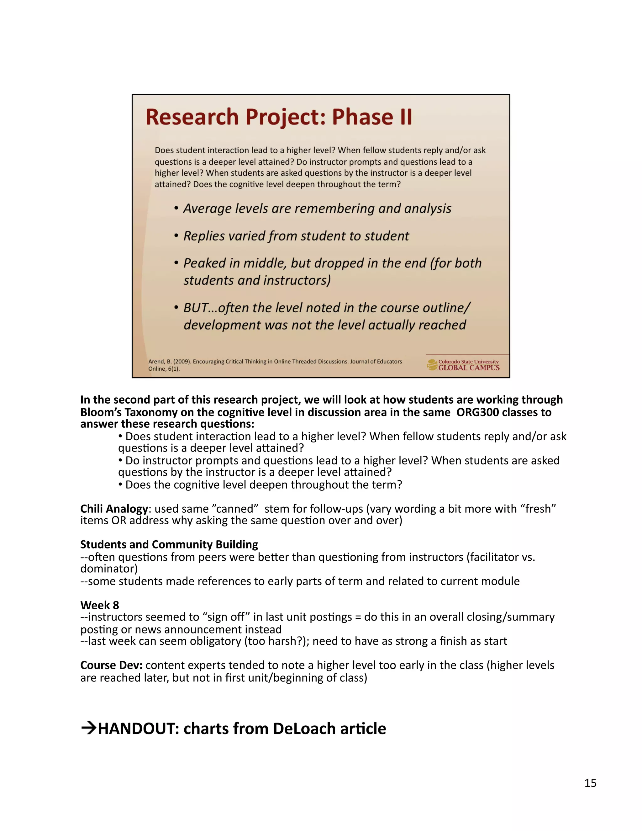 15	
  
In	
  the	
  second	
  part	
  of	
  this	
  research	
  project,	
  we	
  will	
  look	
  at	
  how	
  students	
  are	
  working	
  through	
  
Bloom’s	
  Taxonomy	
  on	
  the	
  cogni,ve	
  level	
  in	
  discussion	
  area	
  in	
  the	
  same	
  	
  ORG300	
  classes	
  to	
  
answer	
  these	
  research	
  ques,ons:	
  
• 	
  Does	
  student	
  interacUon	
  lead	
  to	
  a	
  higher	
  level?	
  When	
  fellow	
  students	
  reply	
  and/or	
  ask	
  
quesUons	
  is	
  a	
  deeper	
  level	
  aTained?	
  	
  
• 	
  Do	
  instructor	
  prompts	
  and	
  quesUons	
  lead	
  to	
  a	
  higher	
  level?	
  When	
  students	
  are	
  asked	
  
quesUons	
  by	
  the	
  instructor	
  is	
  a	
  deeper	
  level	
  aTained?	
  	
  
• 	
  Does	
  the	
  cogniUve	
  level	
  deepen	
  throughout	
  the	
  term?	
  
Chili	
  Analogy:	
  used	
  same	
  ”canned”	
  	
  stem	
  for	
  follow-­‐ups	
  (vary	
  wording	
  a	
  bit	
  more	
  with	
  “fresh”	
  
items	
  OR	
  address	
  why	
  asking	
  the	
  same	
  quesUon	
  over	
  and	
  over)	
  
Students	
  and	
  Community	
  Building	
  
-­‐-­‐o`en	
  quesUons	
  from	
  peers	
  were	
  beTer	
  than	
  quesUoning	
  from	
  instructors	
  (facilitator	
  vs.	
  
dominator)	
  
-­‐-­‐some	
  students	
  made	
  references	
  to	
  early	
  parts	
  of	
  term	
  and	
  related	
  to	
  current	
  module	
  
Week	
  8	
  
-­‐-­‐instructors	
  seemed	
  to	
  “sign	
  oﬀ”	
  in	
  last	
  unit	
  posUngs	
  =	
  do	
  this	
  in	
  an	
  overall	
  closing/summary	
  
posUng	
  or	
  news	
  announcement	
  instead	
  
-­‐-­‐last	
  week	
  can	
  seem	
  obligatory	
  (too	
  harsh?);	
  need	
  to	
  have	
  as	
  strong	
  a	
  ﬁnish	
  as	
  start	
  
Course	
  Dev:	
  content	
  experts	
  tended	
  to	
  note	
  a	
  higher	
  level	
  too	
  early	
  in	
  the	
  class	
  (higher	
  levels	
  
are	
  reached	
  later,	
  but	
  not	
  in	
  ﬁrst	
  unit/beginning	
  of	
  class)	
  
!HANDOUT:	
  charts	
  from	
  DeLoach	
  ar,cle	
  
 