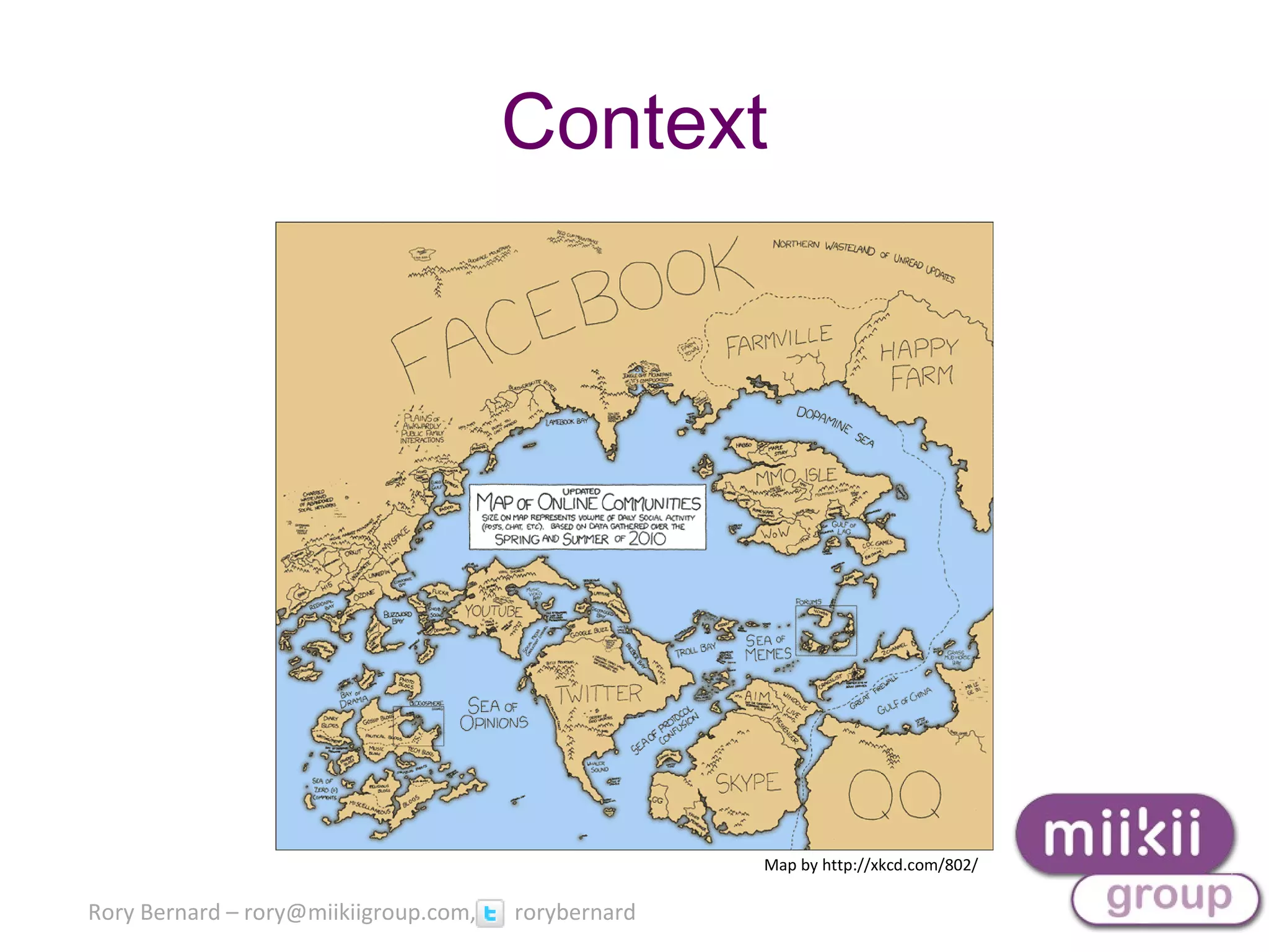Rory Bernard – rory@miikiigroup.com, rorybernard
Context
Map by http://xkcd.com/802/
 