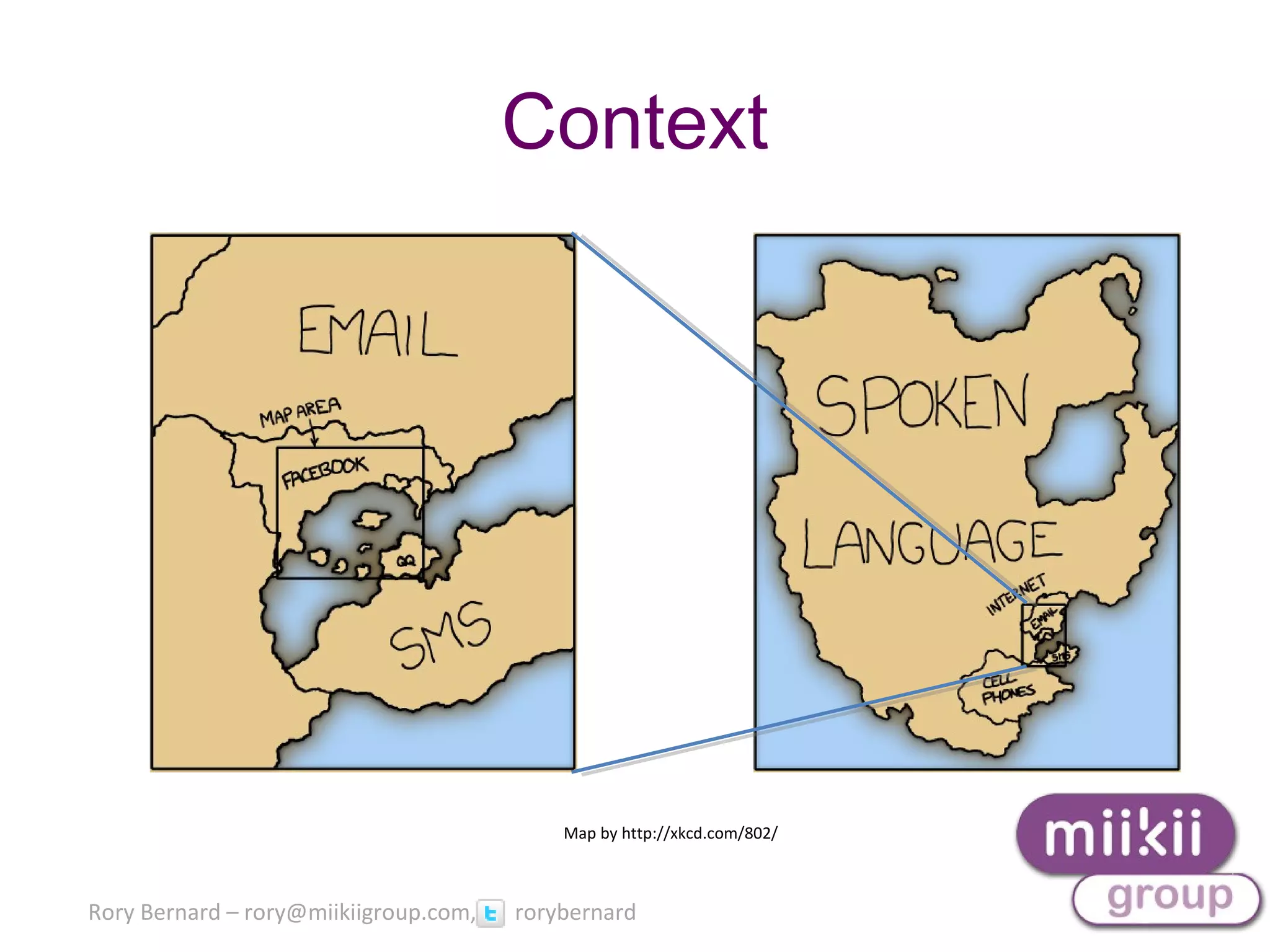 Rory Bernard – rory@miikiigroup.com, rorybernard
Context
Map by http://xkcd.com/802/
 