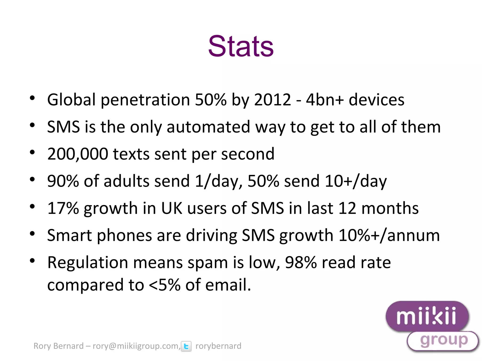 Rory Bernard – rory@miikiigroup.com, rorybernard
Stats
• Global penetration 50% by 2012 - 4bn+ devices
• SMS is the only automated way to get to all of them
• 200,000 texts sent per second
• 90% of adults send 1/day, 50% send 10+/day
• 17% growth in UK users of SMS in last 12 months
• Smart phones are driving SMS growth 10%+/annum
• Regulation means spam is low, 98% read rate
compared to <5% of email.
 