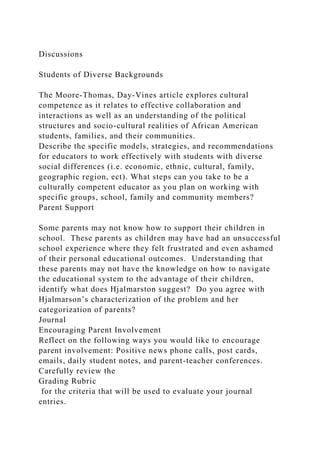 Discussions
Students of Diverse Backgrounds
The Moore-Thomas, Day-Vines article explores cultural
competence as it relates to effective collaboration and
interactions as well as an understanding of the political
structures and socio-cultural realities of African American
students, families, and their communities.
Describe the specific models, strategies, and recommendations
for educators to work effectively with students with diverse
social differences (i.e. economic, ethnic, cultural, family,
geographic region, ect). What steps can you take to be a
culturally competent educator as you plan on working with
specific groups, school, family and community members?
Parent Support
Some parents may not know how to support their children in
school. These parents as children may have had an unsuccessful
school experience where they felt frustrated and even ashamed
of their personal educational outcomes. Understanding that
these parents may not have the knowledge on how to navigate
the educational system to the advantage of their children,
identify what does Hjalmarston suggest? Do you agree with
Hjalmarson’s characterization of the problem and her
categorization of parents?
Journal
Encouraging Parent Involvement
Reflect on the following ways you would like to encourage
parent involvement: Positive news phone calls, post cards,
emails, daily student notes, and parent-teacher conferences.
Carefully review the
Grading Rubric
for the criteria that will be used to evaluate your journal
entries.
 