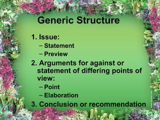 Generic Structure
1. Issue:
  – Statement
  – Preview
2. Arguments for against or
  statement of differing points of
  view:
  – Point
  – Elaboration
3. Conclusion or recommendation
 