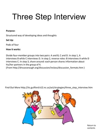 Three Step Interview
Find Out More http://its.guilford.k12.nc.us/act/strategies/three_step_interview.htm
Purpose:
Structured way of developing ideas and thoughts
Set Up:
Pods of four
How it works:
Divide four-member groups into two pairs: A and B, C and D. In step 1, A
interviews B while C interviews D. In step 2, reverse roles: B interviews A while D
interviews C. In step 3, share-around: each person shares information about
his/her partners in the group of 4.
(From http://drscavanaugh.org/discussion/inclass/discussion_formats.htm )
Return to
contents
 