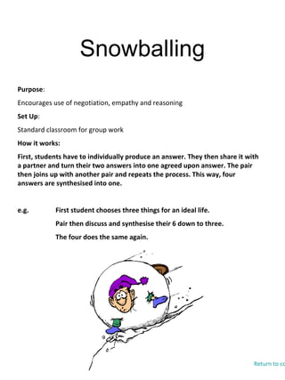 Snowballing
Purpose:
Encourages use of negotiation, empathy and reasoning
Set Up:
Standard classroom for group work
How it works:
First, students have to individually produce an answer. They then share it with
a partner and turn their two answers into one agreed upon answer. The pair
then joins up with another pair and repeats the process. This way, four
answers are synthesised into one.
e.g. First student chooses three things for an ideal life.
Pair then discuss and synthesise their 6 down to three.
The four does the same again.
Return to co
 