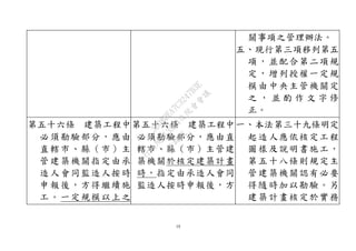 10
關事項之管理辦法。
五、現行第三項移列第五
項，並配合第二項規
定，增列授權一定規
模由中央主管機關定
之 ， 並 酌 作 文 字 修
正。
第五十六條 建築工程中
必須勘驗部分，應由
直轄市、縣（市）主
管建築機關指定由承
造人會同監造人按時
申報後，方得繼續施
工。一定規模以上之
第五十六條 建築工程中
必須勘驗部分，應由直
轄市、縣（市）主管建
築機關於核定建築計畫
時，指定由承造人會同
監造人按時申報後，方
一、本法第三十九條明定
起造人應依核定工程
圖樣及說明書施工，
第五十八條則規定主
管建築機關認有必要
得隨時加以勘驗。另
建築計畫核定於實務
行
政
院
行
政
院
第
3594次
院
會
會
議
3B08BEA7C3247B3E
 