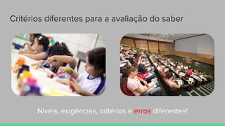 Critérios diferentes para a avaliação do saber
Níveis, exigências, critérios e erros diferentes!
 