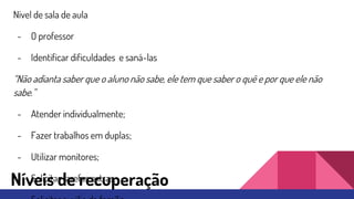 Níveis de recuperação
Nível de sala de aula
- O professor
- Identificar dificuldades e saná-las
“Não adianta saber que o aluno não sabe, ele tem que saber o quê e por que ele não
sabe.”
- Atender individualmente;
- Fazer trabalhos em duplas;
- Utilizar monitores;
- Solicitar tarefas extras;
 