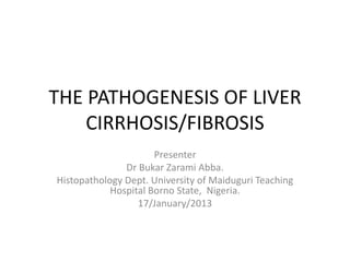 THE PATHOGENESIS OF LIVER
CIRRHOSIS/FIBROSIS
Presenter
Dr Bukar Zarami Abba.
Histopathology Dept. University of Maiduguri Teaching
Hospital Borno State, Nigeria.
17/January/2013
 