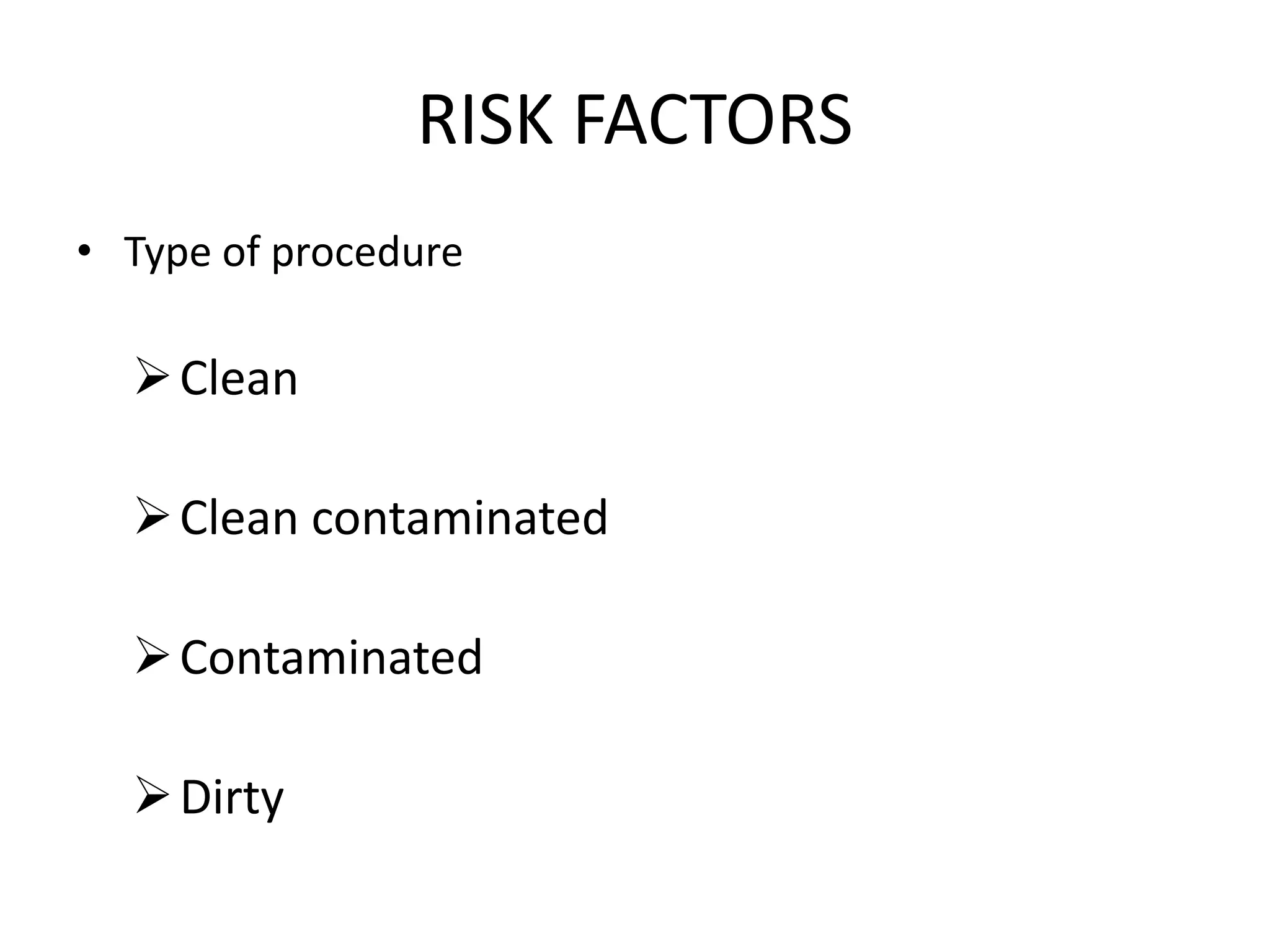 RISK FACTORS
• Type of procedure
Clean
Clean contaminated
Contaminated
Dirty
 