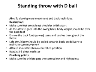 Standing throw with D ball

•
•
•

•
•
•
•

Aim: To develop core movement and basic technique.
Description:
Make sure feet are at least shoulder width apart
As the athlete goes into the swing back, body weight should be over
the back foot
Ensure the back foot (power) turns and pushes throughout the
throw
Left arm/elbow should be pulled towards body on delivery to
maintain core movement
Athlete should finish in a controlled position
Repeat 3-5 times each set
Coaching points:
Make sure the athlete gets the correct low and high points

 