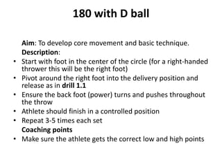 180 with D ball

•
•

•
•
•
•

Aim: To develop core movement and basic technique.
Description:
Start with foot in the center of the circle (for a right-handed
thrower this will be the right foot)
Pivot around the right foot into the delivery position and
release as in drill 1.1
Ensure the back foot (power) turns and pushes throughout
the throw
Athlete should finish in a controlled position
Repeat 3-5 times each set
Coaching points
Make sure the athlete gets the correct low and high points

 