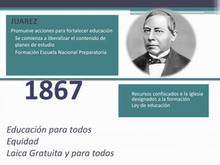 JUAREZ
 Promueve acciones para fortalecer educación
• Se comienza a liberalizar el contenido de
   planes de estudio
• Formación Escuela Nacional Preparatoria




      1867                                     •

                                               •
                                                   Recursos confiscados e la iglesia
                                                   designados a la formación
                                                   Ley de educación



Educación para todos
Equidad
Laica Gratuita y para todos
 