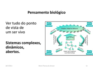Pensamento biológicoVer tudo do ponto de vista de um ser vivoSistemas complexos, dinâmicos, abertos.01/08/2011Maria Thereza do Amaral12