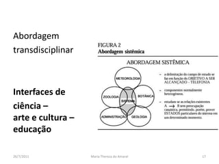 Abordagem transdisciplinarInterfaces de ciência – arte e cultura – educação01/08/2011Maria Thereza do Amaral17