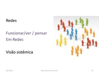 RedesFuncionar/ver / pensar Em RedesVisão sistêmica01/08/2011Maria Thereza do Amaral20