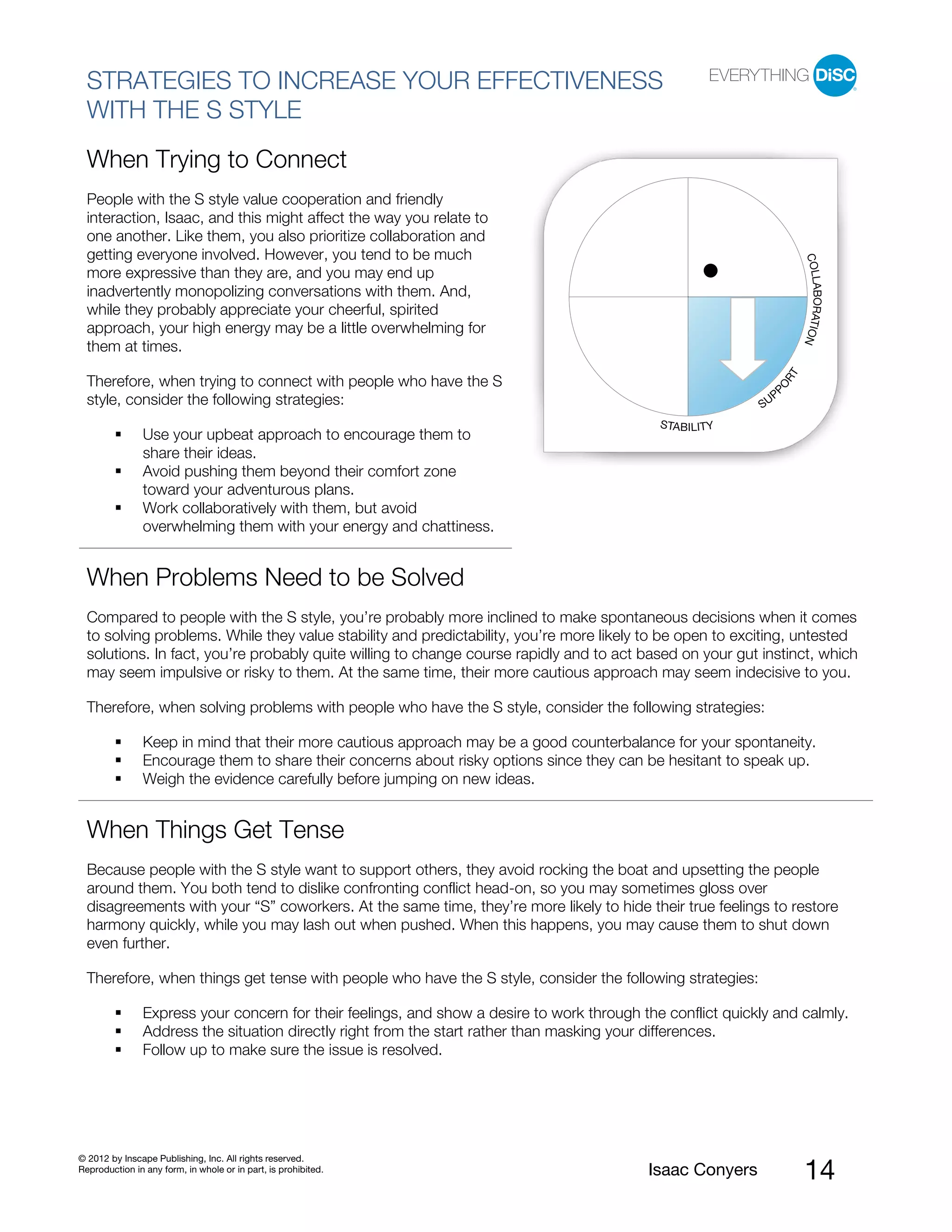 PI BETA 2.1
  STRATEGIES TO INCREASE YOUR EFFECTIVENESS
  WITH THE S STYLE
  When Trying to Connect
  People with the S style value cooperation and friendly
  interaction, Isaac, and this might affect the way you relate to
  one another. Like them, you also prioritize collaboration and
  getting everyone involved. However, you tend to be much




                                                                                                                           COLL
  more expressive than they are, and you may end up




                                                                                                                               ABORATIO
  inadvertently monopolizing conversations with them. And,
  while they probably appreciate your cheerful, spirited
  approach, your high energy may be a little overwhelming for




                                                                                                                                       N
  them at times.




                                                                                                                      RT
  Therefore, when trying to connect with people who have the S




                                                                                                               PO
  style, consider the following strategies:                                                                       P
                                                                                                             SU
                                                                                              STABILITY
                Use your upbeat approach to encourage them to
                share their ideas.
                Avoid pushing them beyond their comfort zone
                toward your adventurous plans.
                Work collaboratively with them, but avoid
                overwhelming them with your energy and chattiness.


  When Problems Need to be Solved
  Compared to people with the S style, you’re probably more inclined to make spontaneous decisions when it comes
  to solving problems. While they value stability and predictability, you’re more likely to be open to exciting, untested
  solutions. In fact, you’re probably quite willing to change course rapidly and to act based on your gut instinct, which
  may seem impulsive or risky to them. At the same time, their more cautious approach may seem indecisive to you.

  Therefore, when solving problems with people who have the S style, consider the following strategies:

                Keep in mind that their more cautious approach may be a good counterbalance for your spontaneity.
                Encourage them to share their concerns about risky options since they can be hesitant to speak up.
                Weigh the evidence carefully before jumping on new ideas.


  When Things Get Tense
  Because people with the S style want to support others, they avoid rocking the boat and upsetting the people
  around them. You both tend to dislike confronting conflict head-on, so you may sometimes gloss over
  disagreements with your “S” coworkers. At the same time, they’re more likely to hide their true feelings to restore
  harmony quickly, while you may lash out when pushed. When this happens, you may cause them to shut down
  even further.

  Therefore, when things get tense with people who have the S style, consider the following strategies:

                Express your concern for their feelings, and show a desire to work through the conflict quickly and calmly.
                Address the situation directly right from the start rather than masking your differences.
                Follow up to make sure the issue is resolved.




© 2012 by Inscape Publishing, Inc. All rights reserved.
Reproduction in any form, in whole or in part, is prohibited.                               Isaac Conyers                  14
 