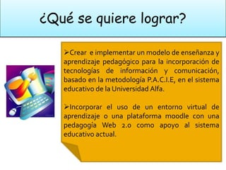 ¿Qué se quiere lograr?

   Crear e implementar un modelo de enseñanza y
   aprendizaje pedagógico para la incorporación de
   tecnologías de información y comunicación,
   basado en la metodología P.A.C.I.E, en el sistema
   educativo de la Universidad Alfa.

   Incorporar el uso de un entorno virtual de
   aprendizaje o una plataforma moodle con una
   pedagogía Web 2.0 como apoyo al sistema
   educativo actual.
 